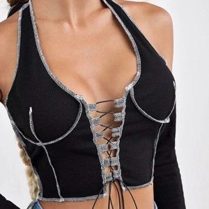 Black stitch lace up halter top